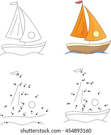 Cartoon yacht. Coloring book and dot to dot educational game for kids