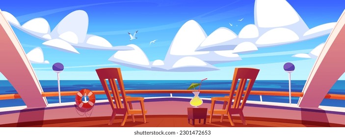 Cartoon yacht deck with beautiful sea view. Vector illustration of luxury cruise ship with wooden chairs for relax, cocktail glass on table, lifebuoy on railing, birds flying in sky. Summer voyage