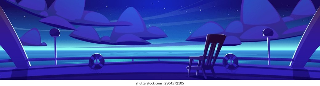 Cartoon yacht deck with night sea view. Vector illustration of luxury cruise ship with wooden chair for rest on board, lifebuoy on railing, stars shimmering in dark sky. Summer voyage, tourism banner