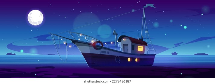 Cartoon yacht floating in night sea. Vector illustration of small fishing boat illuminated with garland, silhouettes of vessels on horizon, full moon shining bright in dark starry sky. Marine travel