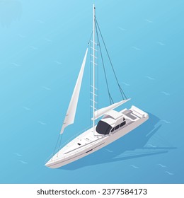 Cartoon yacht, white sails and closed cabin. Blue ocean around. Sea boat, marine ship. Nautical transport, sailboat travel, vacation. Holiday cruise, adventure journey. Isometric vector illustration
