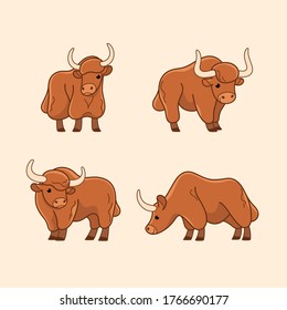 Cartoon yak flat icon. Сute animals set of icons.
