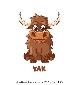 Cartoon Yak, flauschiger, liebenswerter Charakter mit großen, seelenvollen Augen und einem herzerwärmenden Lächeln. Adorable Waldtiere