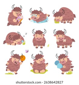 Cartoon yak. Funny yaks in different activity, reading sleeping swimming, doing sport. Cute furry animals, children mascots nowaday vector clipart