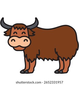 Cartoon Yak Illustration with Brown Fur and Curved Horns