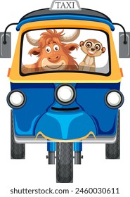 Cartoon yak and meerkat enjoying a taxi ride