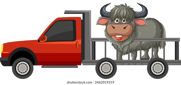 Cartoon yak riding on a flatbed truck