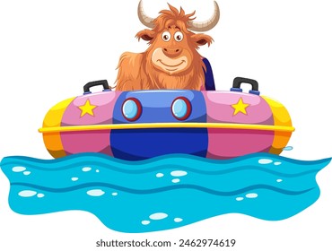 Cartoon yak smiling in a colorful bumper boat