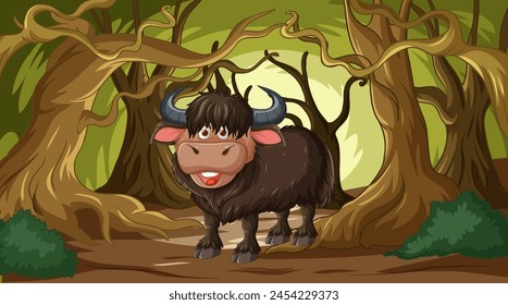 Cartoon yak smiling in a lush forest setting.