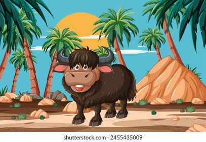 Cartoon yak smiling under palm trees at sunset.