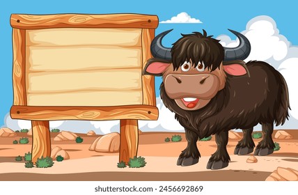 Cartoon yak standing next to a blank sign.