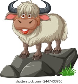 Cartoon yak standing on rocks with a happy expression