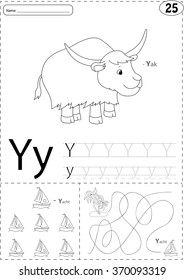 Cartoon yak and yacht. Alphabet tracing worksheet: writing A-Z, coloring book and educational game for kids