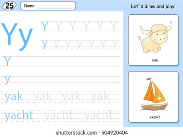 Cartoon yak and yacht. Alphabet tracing worksheet: writing A-Z, coloring book and educational game for kids