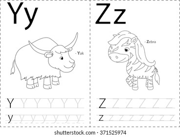 Cartoon yak and zebra. Alphabet tracing worksheet: writing A-Z, coloring book and educational game for kids