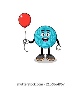 Cartoon of yarn ball holding a balloon , character design