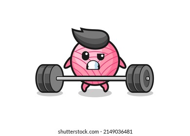 cartoon of yarn ball lifting a barbell , cute design