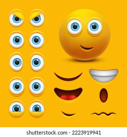 Cartoon yellow 3d face character creation constructor. Emoji with different emotions. Vector illustration of emoticon faces