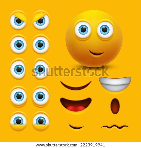 Cartoon yellow 3d face character creation constructor. Emoji with different emotions. Vector illustration of emoticon faces