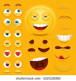 Cartoon yellow 3d smiley face vector character creation constructor. Emoji with emotions, eyes and mouthes set.