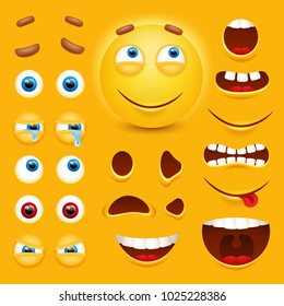 Cartoon gelb 3D Smiley Gesicht Vektorgrafik-Charakter-Konstruktor. Emoji mit Emotionen, Augen und Mouthes Set.