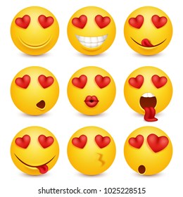 Cartoon yellow 3d smiley face vector character creation constructor. Emoji with emotions, eyes and mouthes set.