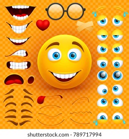 Cartoon Yellow 3d Smiley Face Vector Character Creation Constructor. Emoji With Emotions, Eyes And Mouthes Set. Illustration Of Emoticon Face Smiley, Creation Smile Mood