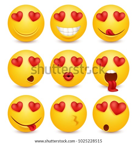 Cartoon yellow 3d smiley face vector character creation constructor. Emoji with emotions, eyes and mouthes set.