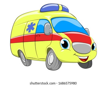 Cartoon yellow ambulance car. Funny cartoon yellow car. Vector illustration.