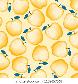 Cartoon yellow apple with leaf seamless pattern. Vector ilustration isolated on light background.