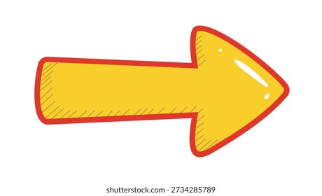 Cartoon Yellow Arrow Vetor. Mão Desenhada Ponteiro Direito em png Fundo. setas amarelas ponteiro de desenho animado. mão desenhada seta. seta de contorno vermelho. seta de esboço. gráfico direcional.