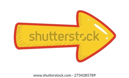Cartoon Yellow Arrow Vector. Hand Drawn Right Pointer on png Background. yellow arrows cartoon pointer. hand drawn arrow. red outline arrow. sketchy arrow. directional graphic.