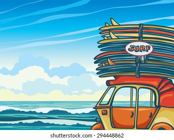 Cartoon yellow auto rickshaw with surfboards on a blue sea background. Vector illustration about surfing. 
