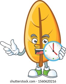 Cartoon yellow autumn leaves with bring clock character