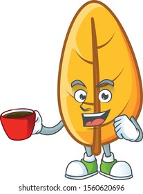 Cartoon yellow autumn leaves with drinking in cup character