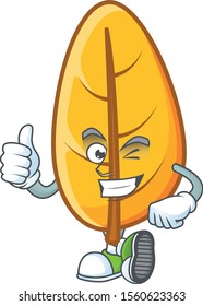 Cartoon yellow autumn leaves with thumbs up character