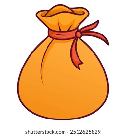 A cartoon of a yellow bag with a red ribbon tied around it