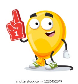 cartoon yellow balloon character mascot with the number 1 one sports fan hand glove on a white background