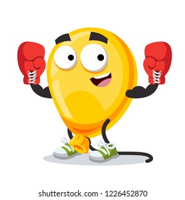 cartoon yellow balloon mascot in red boxing gloves on white background