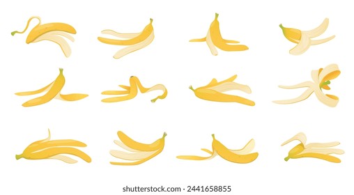 Cartoon yellow banana peels. Organic trash. Food waste. Fruit cleaning. Different positions. Product shell. Recycling biological litter. Slipping on husk. Slippery rinds