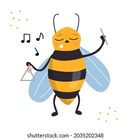 Cartoon yellow bee musician playing on a triangle and singing. Vector flat illustration.