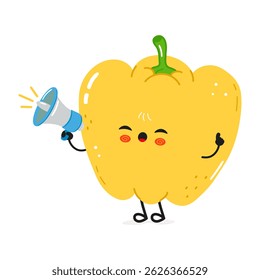 Cartoon Yellow Bell Pepper character with megaphone for announcement on a white background.