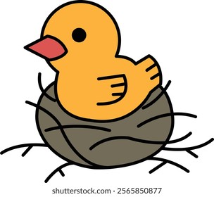 A cartoon of a yellow bird sitting in a nest. The bird is looking up at the camera