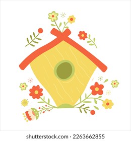Cartoon yellow birdhouse with red flowers around. For spring Easter post card or illustrations