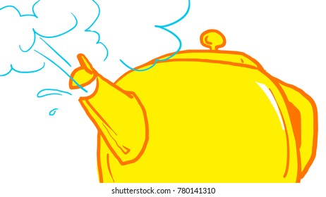 Cartoon yellow boiling kettle with blue steam.  Full color vector sketch isolated at white. Close up.