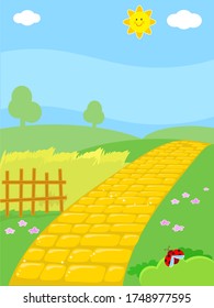 Cartoon Yellow Brick Road In Countryside, Vector Illustration Background For Kids