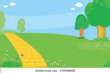 Cartoon Yellow Brick Road In Countryside, Vector Illustration Background For Children