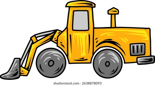 Cartoon yellow bulldozer with front shovel side view
