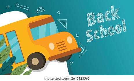 Cartoon ônibus amarelo chegando em fundo brilhante com mensagem de volta à escola