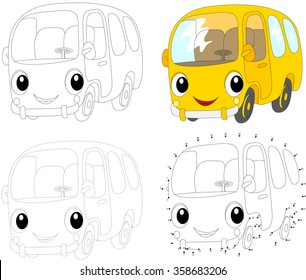 Cartoon yellow bus. Dot to dot educational game for kids. Vector illustration